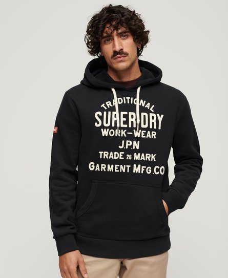 Superdry Herren Workwear Hoodie mit Beflockter Grafik Schwarz - Größe: S von Superdry