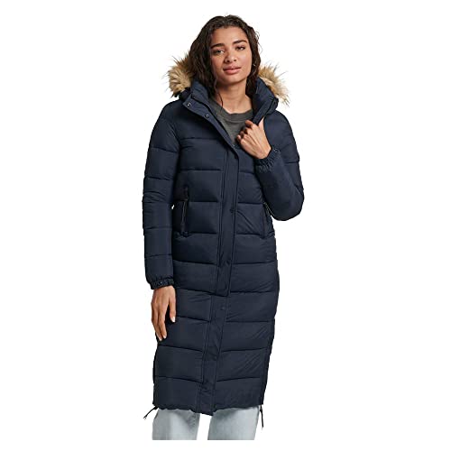 Superdry Damen Lange Steppjacke mit Kapuze mit Kunstfellbesatz Finster Marineblau 38 von Superdry