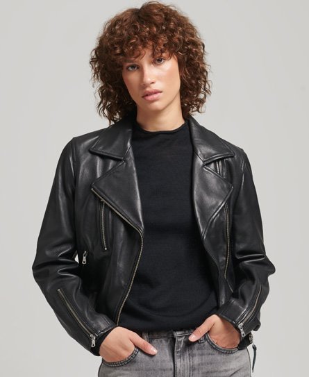 Superdry Women's Bikerjacke aus Leder Schwarz - Größe: 38 von Superdry