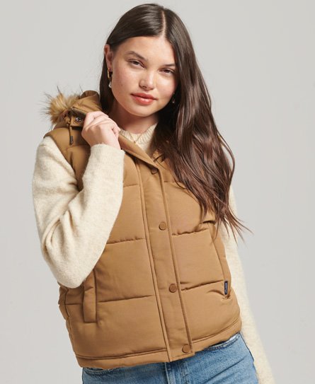 Superdry Women's Damen Braun Everest Kunstfell-Weste, Größe: 34 - Größe: 34 von Superdry