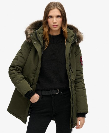 Superdry Women's Everest Parka mit Kapuze und Kunstfellbesatz Kaki - Größe: 42 von Superdry