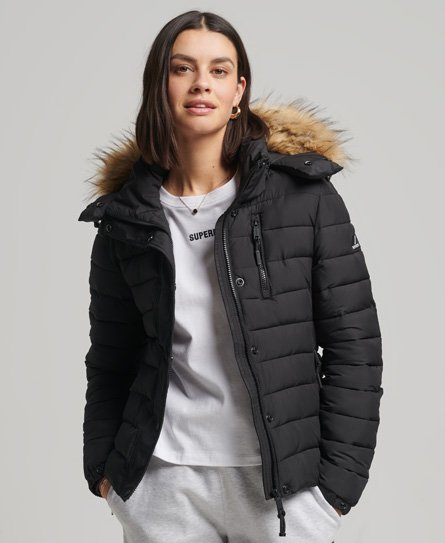 Superdry Women's Klassische Fuji Jacke mit Kunstfellbesatz Schwarz - Größe: 38 von Superdry