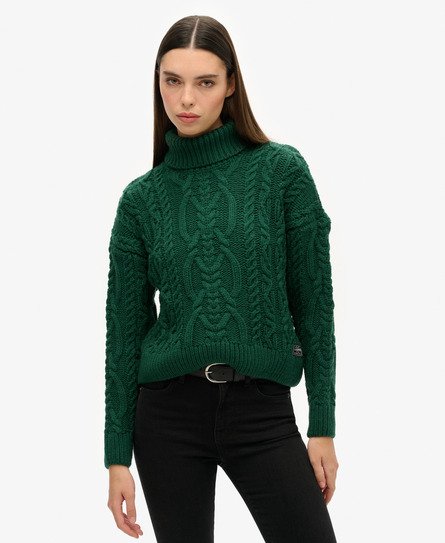 Superdry Women's Strickpullover mit Zopfmuster und Rollkragen Grün - Größe: 34 von Superdry