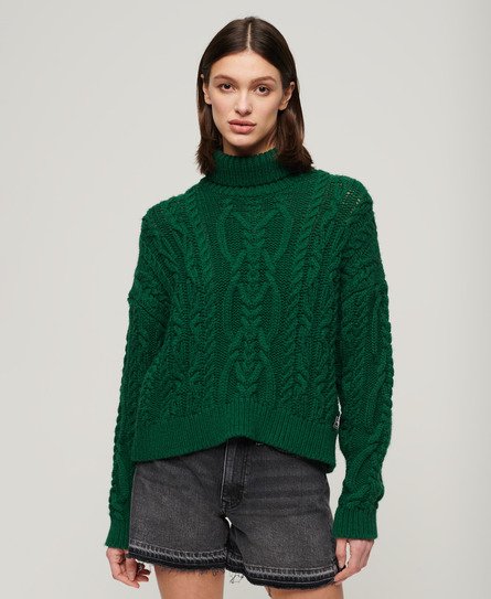 Superdry Women's Strickpullover mit Zopfmuster und Rollkragen Grün - Größe: 44 von Superdry