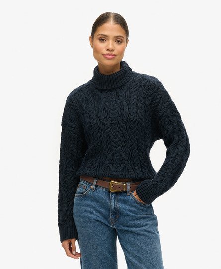 Superdry Women's Strickpullover mit Zopfmuster und Rollkragen Marineblau - Größe: 36 von Superdry