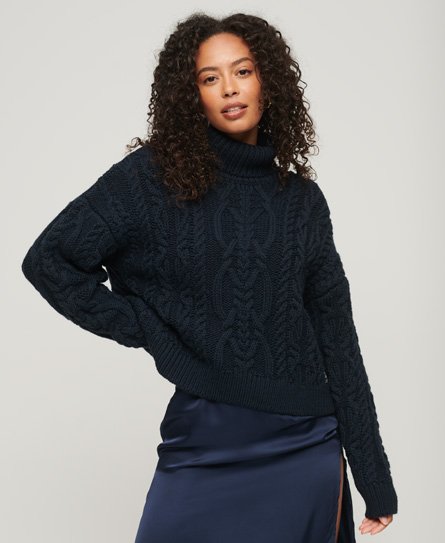 Superdry Women's Strickpullover mit Zopfmuster und Rollkragen Marineblau - Größe: 38 von Superdry