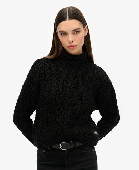 Superdry Women's Strickpullover mit Zopfmuster und Rollkragen Schwarz - Größe: 38 von Superdry