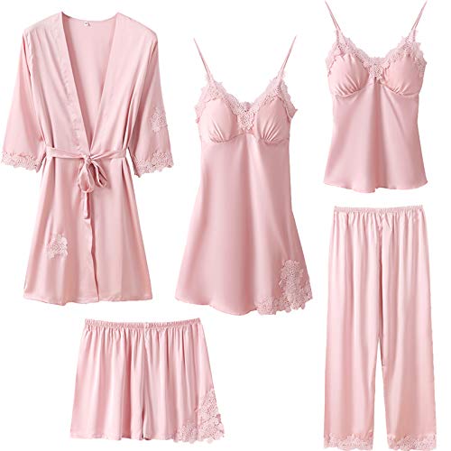 Superora 5PC Schlafanzüge Nachthemd Set für Damen Satin Morgenmantel Spitze Lace Bademantel Shorts Rock Hosen von Superora