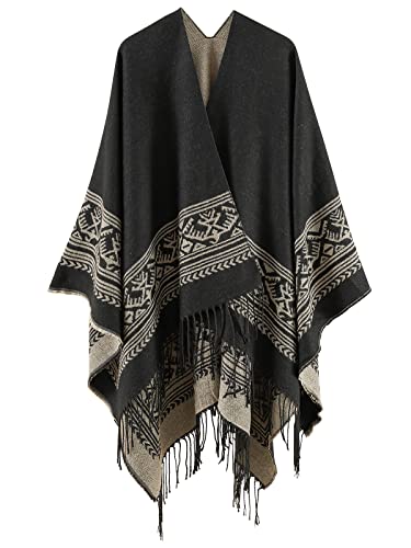 Superora Damen Poncho Cape Umhängetuch Stola Strick-Pullover Karierte Deckenschal Sweatshirt Schal mit Fransen,Beige von Superora