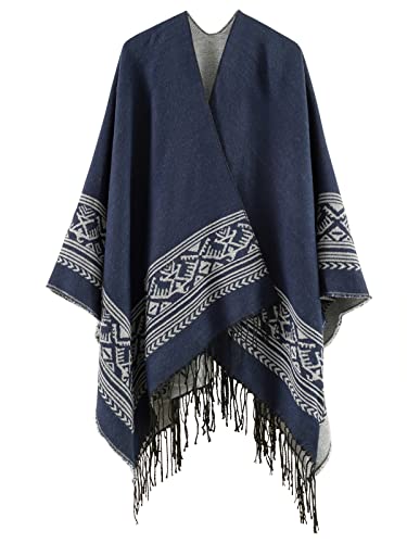 Superora Damen Poncho Cape Umhängetuch Stola Strick-Pullover Karierte Deckenschal Sweatshirt Schal mit Fransen,Blau von Superora