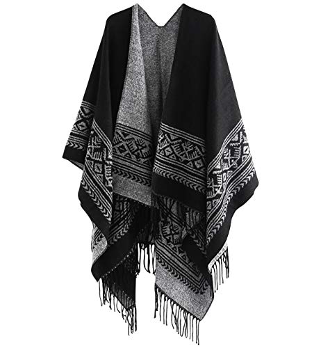 Superora Damen Poncho Cape Umhängetuch Stola Strick-Pullover Karierte Deckenschal Sweatshirt Schal mit Fransen,Schwarz von Superora