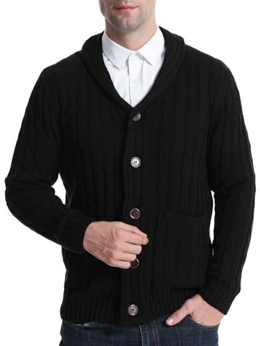 Superora Herren Baumwolle Strickjacke Gestrickt V-Ausschnitt Klassisch Casual Cardigans Schal Kragen Pullover mit Knopfverschluss mit Taschen von Superora