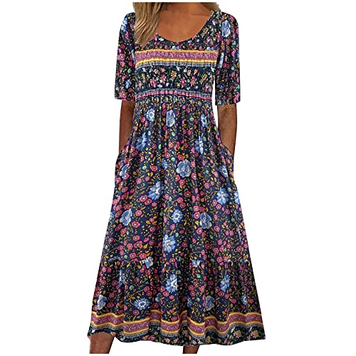 Damen Kleid A-Linie Kleider Sommerkleider Damen Leicht Und Luftig Kurzen Ärmeln Boho Maxikleid V-Ausschnitt Strandkleid Lang Blumenkleid Rundem Ausschnitt Swing Rock Kleid MäDchen Festlich Vintage von Susenstone