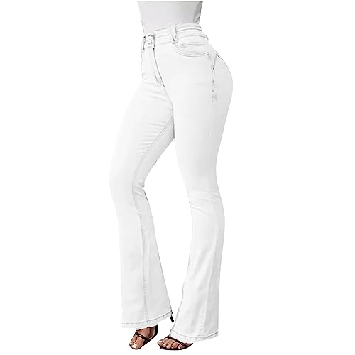 Jeans Damen Mode Lässig Hohe Taille Micro Flare Jeans Hose High Waist Straight Jeans Mit Taschen und Knopf Freizeit Loose Gerade Hosen Bootcut Jeanshosen Vintage Hose mit Weitem Bein Jeans von Susenstone