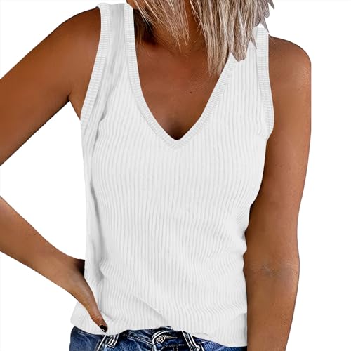 Strick Damen Tank Top Sommer Gestrickt Ribbed Einfarbig Cami Oberteile Ärmellose V Ausschnitt Shirt Blusen Top Tunika Damen Strand Bluse Strand Bluse Oberteile Lässiges Shirt locker von Susenstone