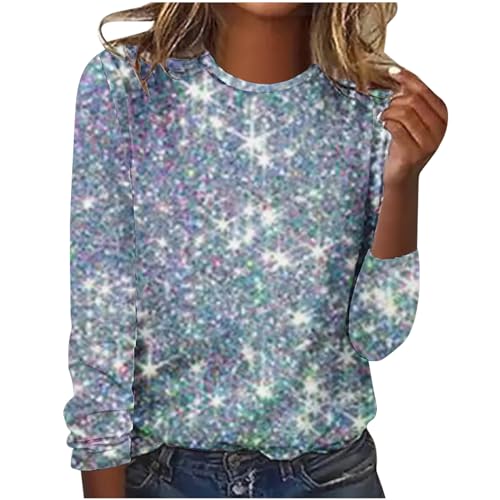 Susenstone Damen Pailletten Tops Glitzer Oberteile Damen Party Sweatshirt Damen Ohne Kapuze LäSsiger Glitzer-Pullover Mit Bedruckten Schultern Und Langen ÄRmeln Rundhalsausschnitt Tshirt von Susenstone