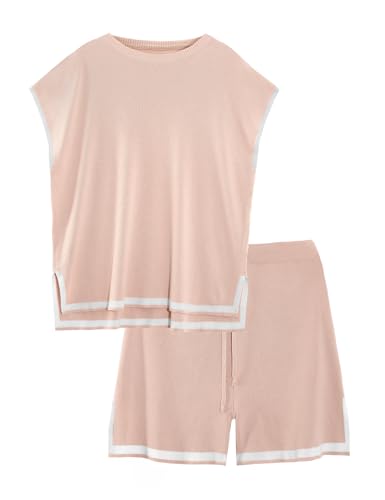 Svanco Pyjama Damen Kurz Ärmellose Strick Tank Top Mit Rundkragen + High Waist Lässige Shorts Mit Kordelzug Sommer Schlafanzug Hausanzug von Svanco