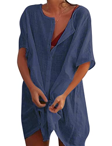 Svanco Strandkleid Damen Bikini Cover Up Strandponcho Damen Sommer Cardigan mit Rund Ausschnitt Pareos Sommerkleid Bademode Strand Vertuschen Kurzarm Beach Shirt Blusen(Navy blau,XL) von Svanco