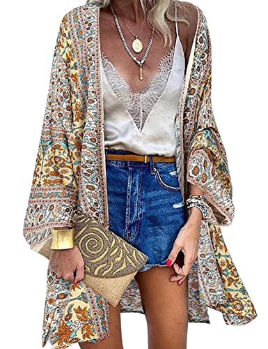 Svanco Strandkleid Damen Sommer Pareo Strandtunika Cardigan Lang Kimono Blumendruck Strandponcho Boho Bikini Cover Up Beachwear Strand Abdeckung up Leichter Rayon(Cremeweiß,L) von Svanco