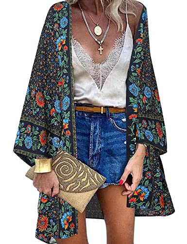 Svanco Strandkleid Damen Sommer Pareo Strandtunika Cardigan Lang Kimono Blumendruck Strandponcho Boho Bikini Cover Up Beachwear Strand Abdeckung up Leichter Rayon(blau,XXL) von Svanco