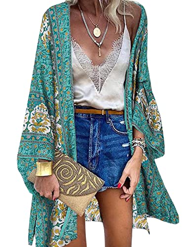 Svanco Strandkleid Damen Sommer Pareo Strandtunika Cardigan Lang Kimono Blumendruck Strandponcho Boho Bikini Cover Up Beachwear Strand Abdeckung up Leichter Rayon(grün,L) von Svanco