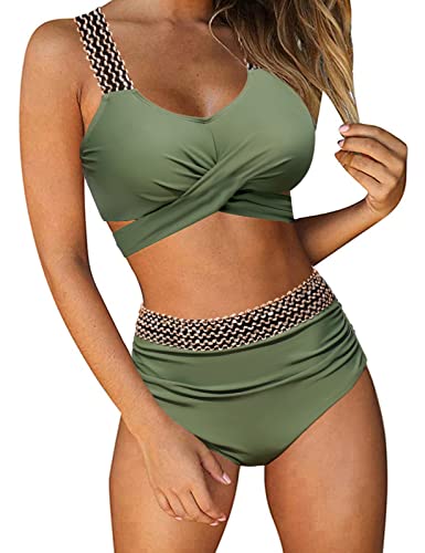 Svanco Bikini Damen Set Push Up Bikini High Wasit Bademode Bauchweg U Ausschnitt Crossover Bikinioberteil Mit Cups von Svanco