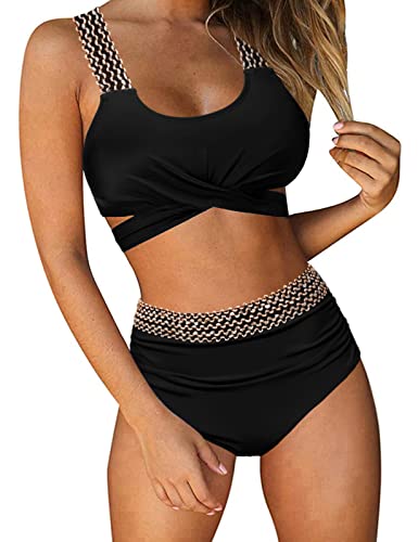 Svanco Bikini Damen Set Push Up Bikini High Wasit Bademode Bauchweg U Ausschnitt Crossover Bikinioberteil Mit Cups von Svanco