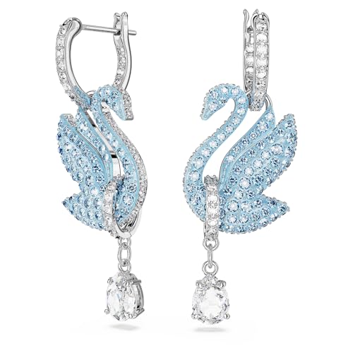 Swarovski Iconic Swan Ohrringe, Blaue und Rhodinierte Kreolen mit Strahlendem Schwan-Anhänger von Swarovski