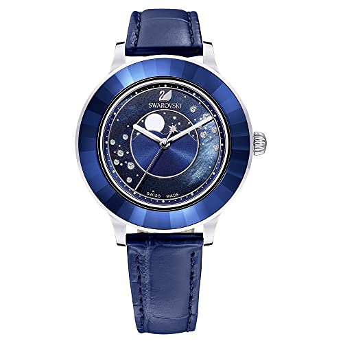 Swarovski Octea Lux Uhr Mond, Edelstahl Damenuhr mit Blauem Gehäuse und Zifferblatt, Swarovski Kristallen und Blauem Lederarmband von Swarovski