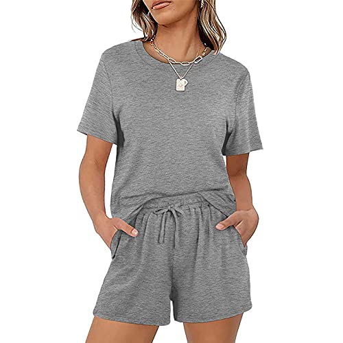 Sweatyshark Damen Zweiteilige Freizeitanzug Hausanzug Sportanzug Rundhals Kurzarm Elastischer Taille Beiläufiges Einfarbig Leisure Hose mit Taschen für Running Yoga Gym,A Grau,S von Sweatyshark