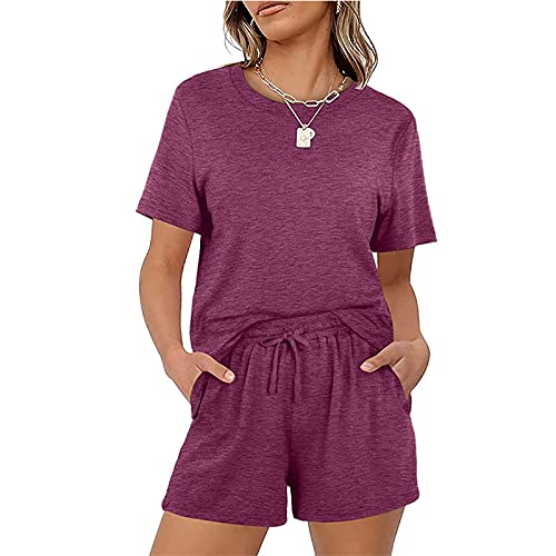 Sweatyshark Damen Zweiteilige Freizeitanzug Hausanzug Sportanzug Rundhals Kurzarm Elastischer Taille Beiläufiges Einfarbig Leisure Hose mit Taschen für Running Yoga Gym,A Violett,3XL von Sweatyshark