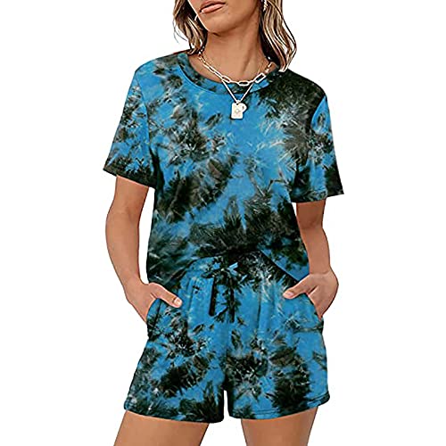 Sweatyshark Damen Zweiteilige Freizeitanzug Hausanzug Sportanzug Rundhals Kurzarm Elastischer Taille Beiläufiges Einfarbig Leisure Hose mit Taschen für Running Yoga Gym,B Schwarz Blume,L von Sweatyshark