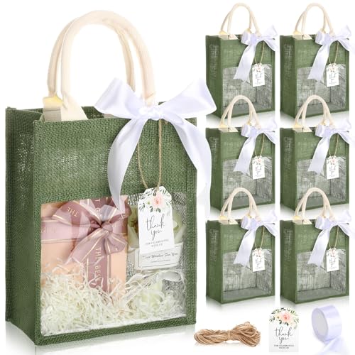 Sweetude Jute-Tragetaschen für Hochzeiten, mit Griff, Jute-Tragetaschen mit transparentem Fenster, Junggesellinnenabschied, Strandgeschenk mit Dankeskarten und weißem Band, 26,7 x 20,3 x 10,8 cm Sweetude Jute-Tragetaschen für Hochzeiten, mit Griff, Jute-Tragetaschen mit transparentem Fenster, Junggesellinnenabschied, Strandgeschenk mit Dankeskarten und weißem Band, 26,7 x 20,3 x 10,8 cm von Sweetude