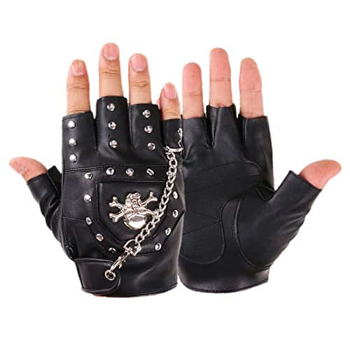 Herren Steampunk Halbfinger Gothic Handschuhe Metallkette Nieten Fingerlose Fäustlinge Schwarz PU Leder Accessoire Fingerlose Handschuhe Herren Punk Halbfinger Handschuhe Herren Leder Schwarz von Swetopq