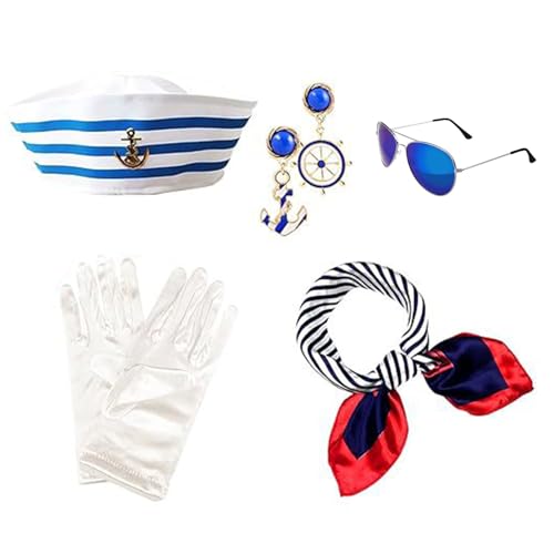 Swetopq Marineblauer Hut mit Halstuch, Ohrringen, Handschuhen und Sonnenbrille, Set mit Kapitänshut, Marineblau, Karneval, Cosplay-Zubehör, marineblaue Ohrringe für Damen, baumelnde marineblaue von Swetopq