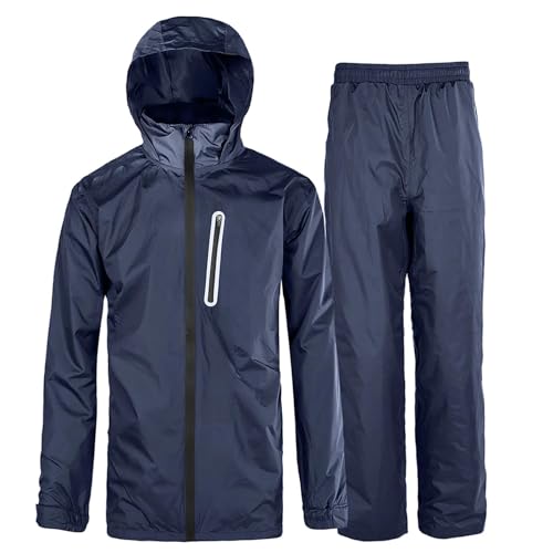 SwissWell Herren Regenanzug Langarm Schneeanzug wasserdichte Winddicht Hooded Regenmantel Kapuzenjacke Suit Windbreaker Rainwear aus Polyester Regenjacke+Regenhose Dunkel Blau L von SwissWell