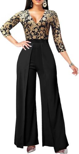 SxClub Damen Sexy Jumpsuits Elegant Langarm Lange Hosen Gerade Lange Hosen Clubwear Denim Strampler mit Taschen, Schwarz Gold, Small SxClub Damen Sexy Jumpsuits Elegant Langarm Lange Hosen Gerade Lange Hosen Clubwear Denim Strampler mit Taschen, Schwarz Gold, Small von SxClub