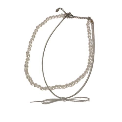 Sxett Doppellagige Schlüsselbeinkette für Damen, Schleife, Perlen, handgefertigt, Choker, verstellbares Schlüsselbeinkette, Schmuck, Zink von Sxett