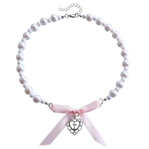 Sxett Elegante Halskette mit Herz-Kreuz-Anhänger, Imitationsperlen und Perlen, verstellbar, modischer Schmuck für Damen, Wie beschrieben von Sxett