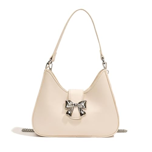 Sxett Niedliche Damen-Unterarmtasche mit Schleife, PU-Leder, Mini-Geldbörse, Kette, Crossbody-Tasche, beige, Small von Sxett