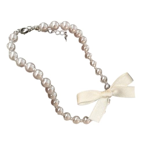 Sxett Perlen-Halskette mit Seidenband und Schleife, raffinierter Schleifen-Anhänger, Halsbandkette für Damen, handgefertigtes Accessoire, Zink von Sxett