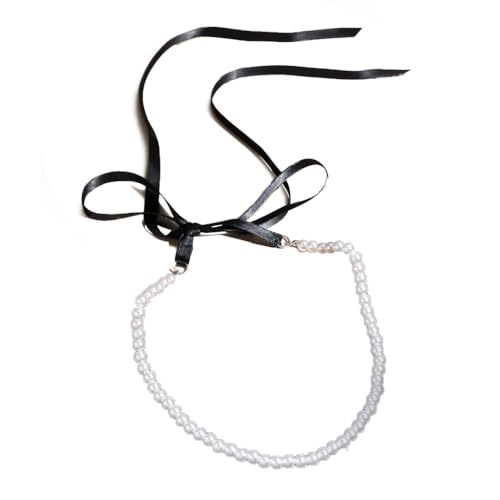 Sxett Schwarzes langes Halsband mit Schleife für Damen, elegante Kunstperle, Schlüsselbeinkette, Schmuck für Modeliebhaber, Zink von Sxett