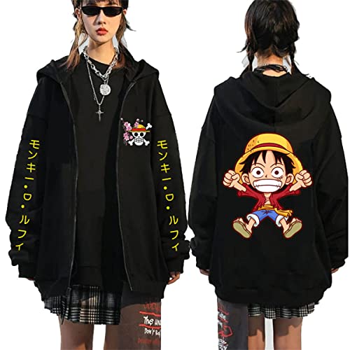 Sybnwnwm One Piece Anime Hoodie Zip up Luffy Cosplay Kostüm Outwear Langarm Sweatshirt Pullover Reißverschluss Jacke, Schwarz (B), L von Sybnwnwm