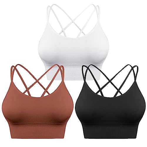 Sykooria 3er-Pack Sport-BH für Damen, sexy überkreuzt, für Yoga, Laufen, Sport, Fitnessstudio, Workout, Fitness, Tanktops, 3 Stück - Schwarz + Weiß + Bronze, Medium von Sykooria