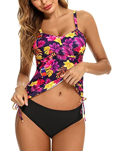 Sykooria Damen Tankini Bauchweg Zweiteilig Push up Top Oberteil mit Einstellbarer Bikinislip Blumendruck Tankinis für Damen Sommer Badeanzug Set, Fuchsia Papagei S von Sykooria