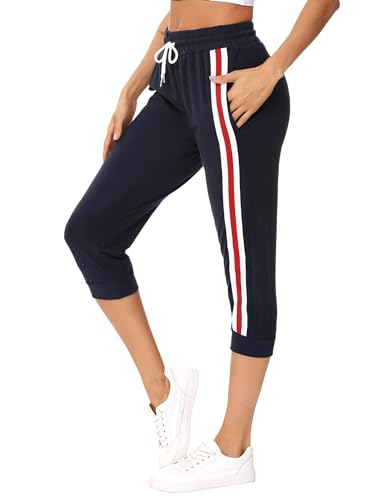 Sykooria Damen 3/4 Jogginghose Trainingshose High Waist Sporthose Yoga Hosen Freizeithose Sweathose Baumwolle für Laufen Yoga Fitness, B-Dunkelblau XL von Sykooria