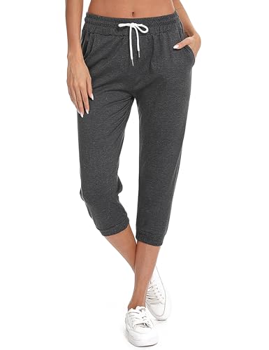 Sykooria Damen 3/4 Jogginghose Trainingshose High Waist Sporthose Yoga Hosen Freizeithose Sweathose Baumwolle für Laufen Yoga Fitness, Dunkelgrau L von Sykooria