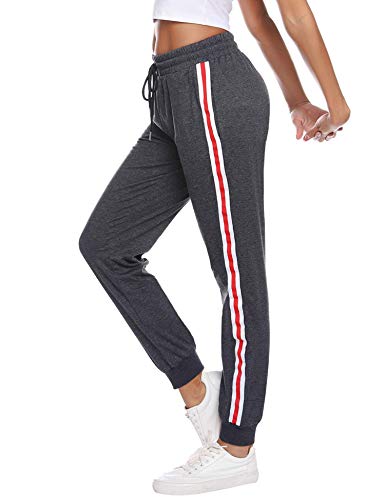 Sykooria Damen Jogginghose Sporthose Lang Yoga Hosen Freizeithose Laufhosen Baumwolle High Waist Trainingshose für Frauen mit Streifen-Streifen-dunkelgrau-XL von Sykooria