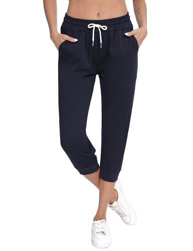 Sykooria Damen 3/4 Jogginghose Trainingshose High Waist Sporthose Yoga Hosen Freizeithose Sweathose Baumwolle für Laufen Yoga Fitness, Dunkelblau S von Sykooria