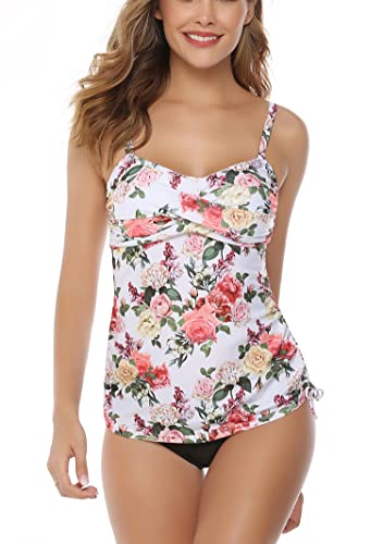 Sykooria Damen Tankini Bauchweg Sexy Zweiteilig Push up Top Oberteil mit Einstellbarer Bikinislip Blumendruck Tankinis für Damen Sommer Badeanzug Set, Blumen Weiß S von Sykooria